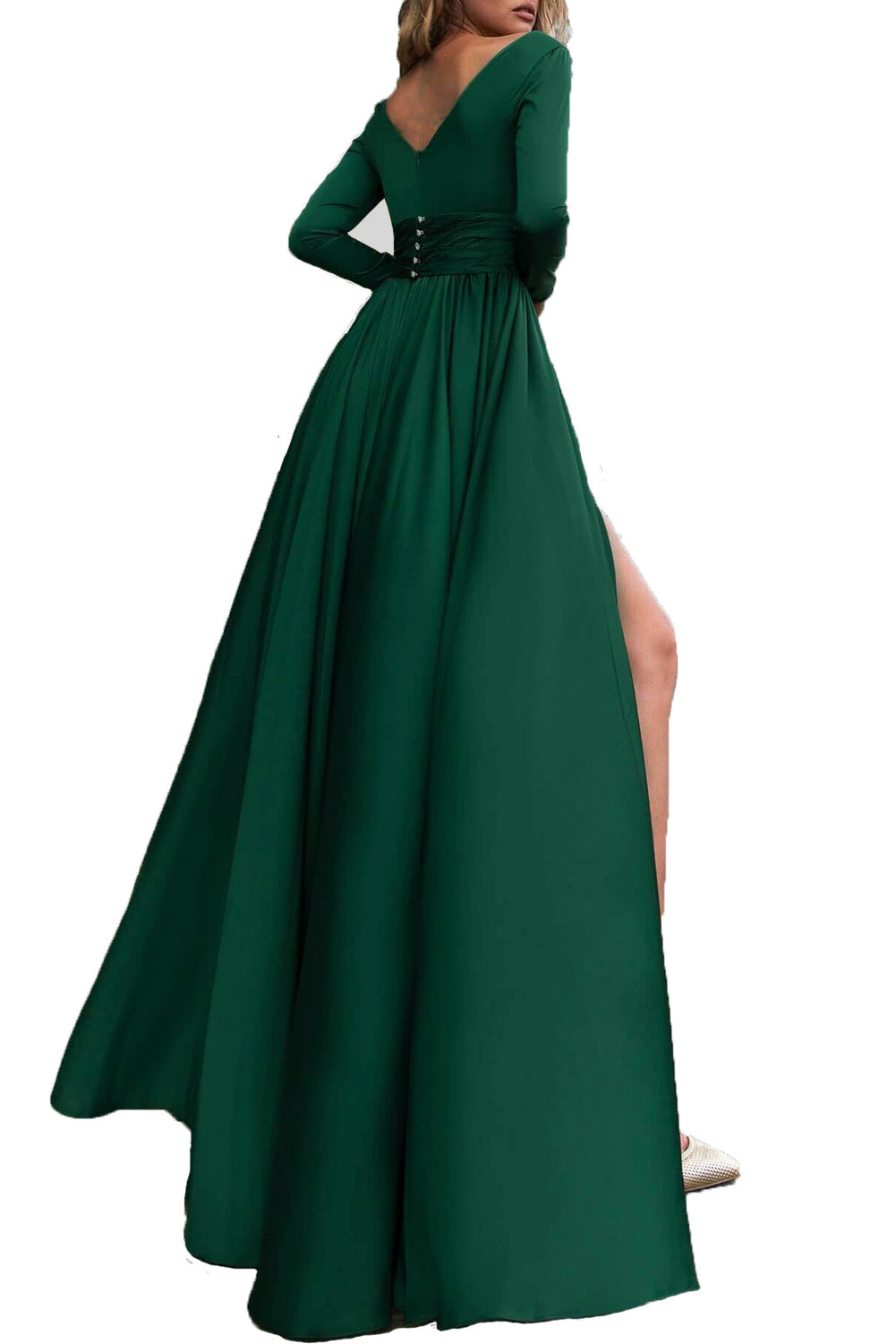 Elegant V Neck Dark Green Flowing Long Prom Dresses With Sleeves Pl214 Siaoryne 0138