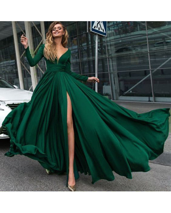 Elegant V Neck Dark Green Flowing Long Prom Dresses With Sleeves Pl214 Siaoryne 7144