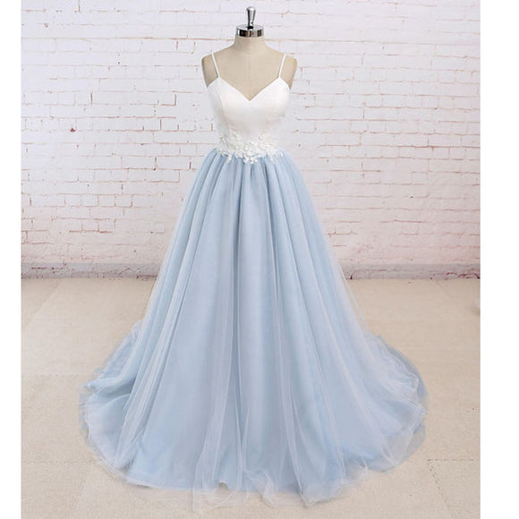 light blue spaghetti strap prom dress