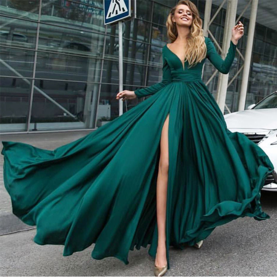 Olive Green Prom Dress Long Sexy Deep V Neck Evening Party Dress Slit Siaoryne 1351