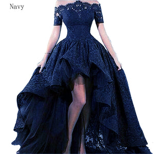 navy blue high low prom dress