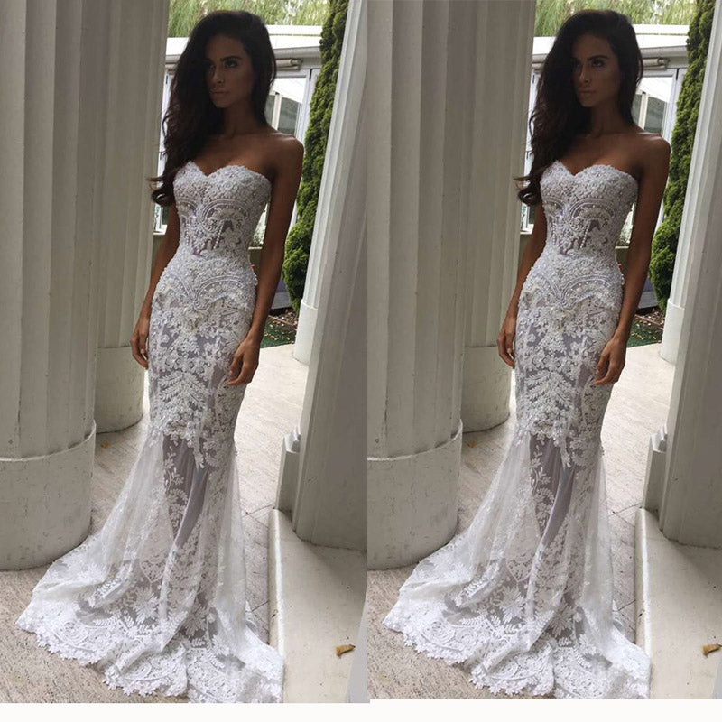 Amazing Lace Sweetheart Fishtail Wedding Dress of all time Don t miss out 