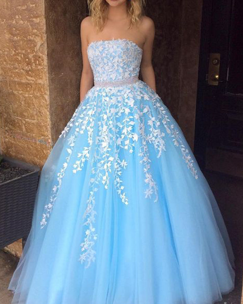 Sweet Baby Blue Strapsless Lace Tulle Girls Senior Prom Dress 2022 wit ...