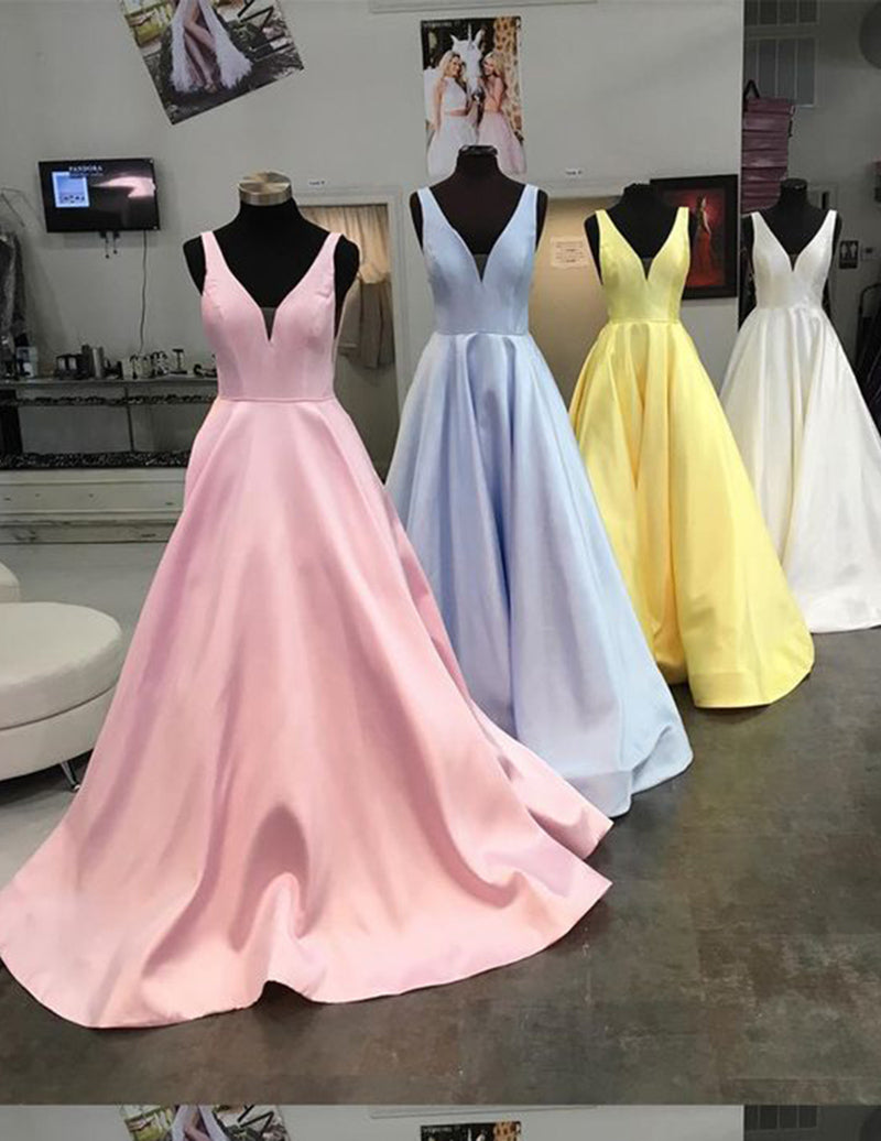 Pink Baby Blue White Yellow A Line Satin Long Prom Dress Girls