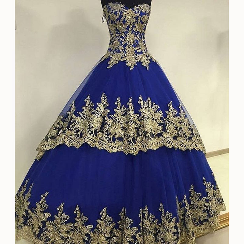 New Royal Blue Ball Gown Wedding Dresses with Gold Lace Reception Form ...