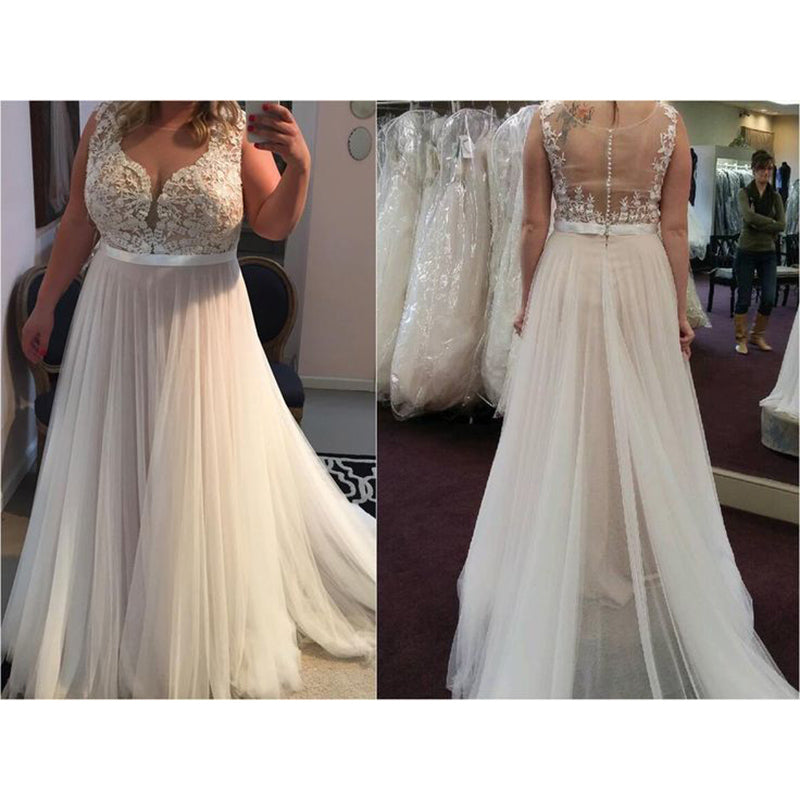  Elegant  Simple  Lace Tulle A Line Beach Wedding  Dress  Plus  