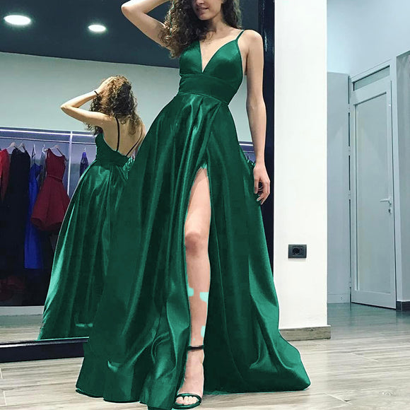 emerald green silk prom dress