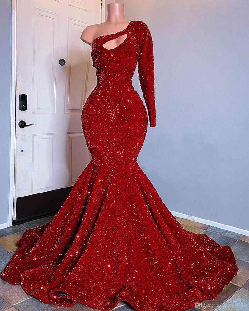 Red Sequined Black Girls Mermaid Prom Dresses 2021 Plus Size One Shoul ...