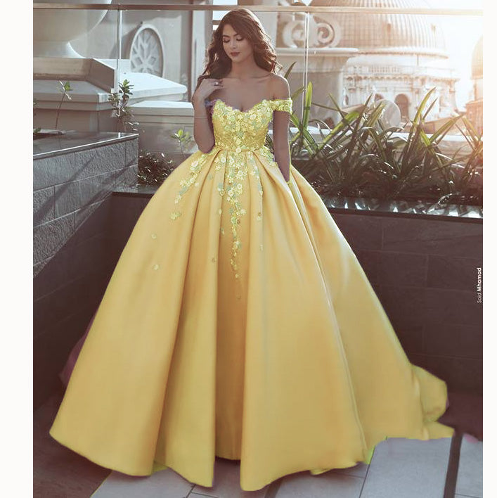 yellow off the shoulder ball gown