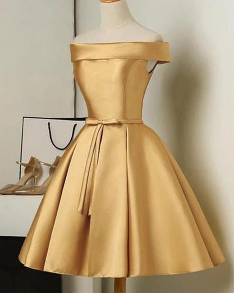 Gold Color Short Party Dresses A Line Satin Semi Formal Gown Cocktail ...