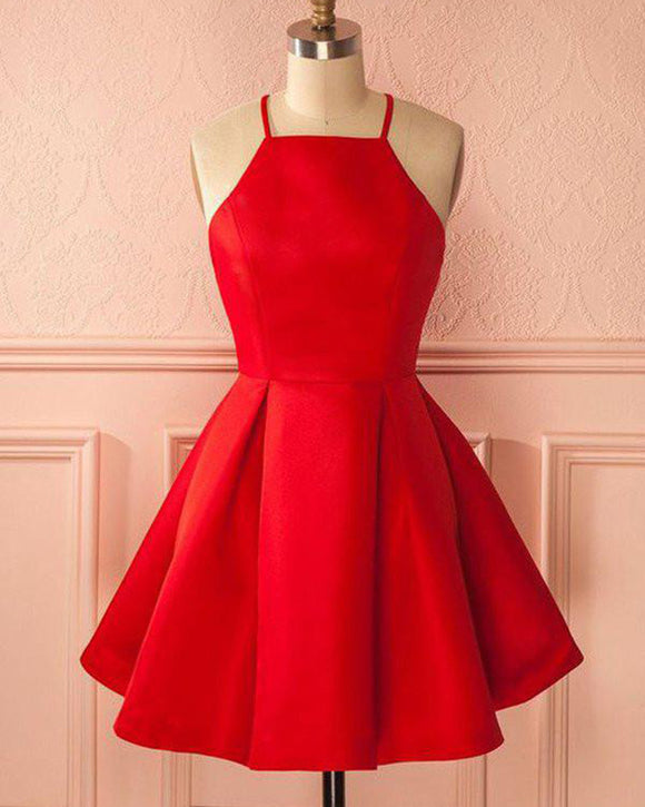 Elegant Halter Short Prom Dress A Line Satin Short Red Homecoming Cock Siaoryne 4670