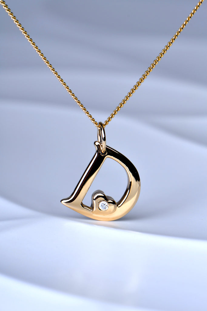 handmade gold letter D initial pendant with diamond on gold chain