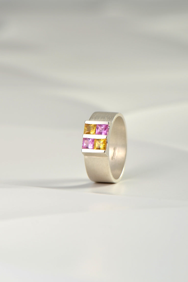 battenberg pink and yellow sapphire ring