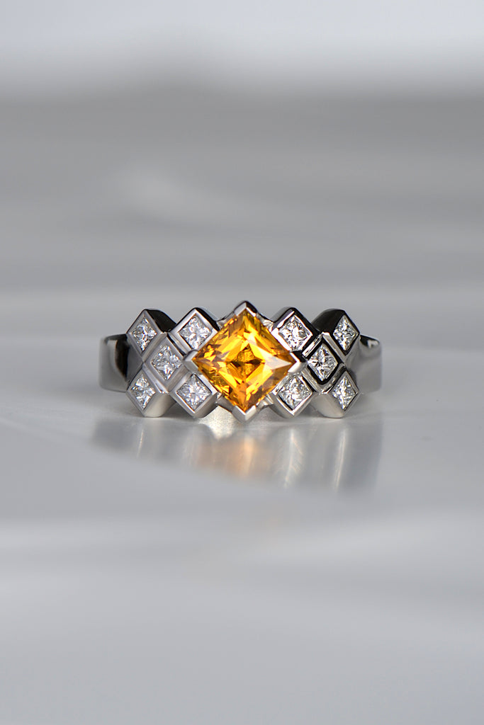 Scottish Tartan diamond ring with centre orange sapphire by jewellery designer Christine Sadler