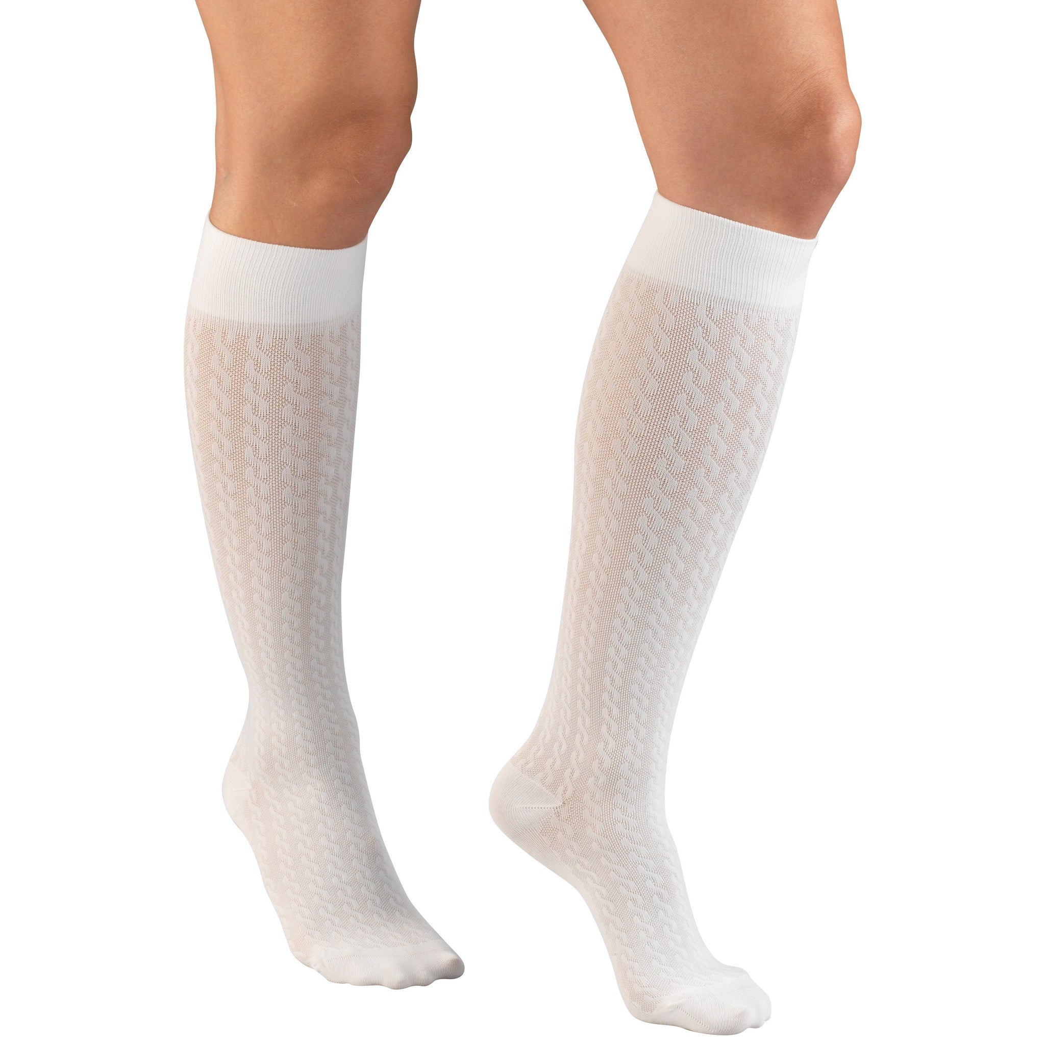 1975 Ladies' Knee High White Cable Pattern Socks