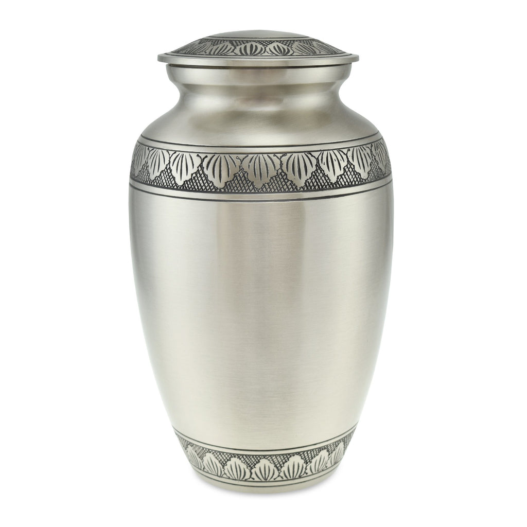 Adult's brass cremation urn in brushed pewter colour with decorative ...