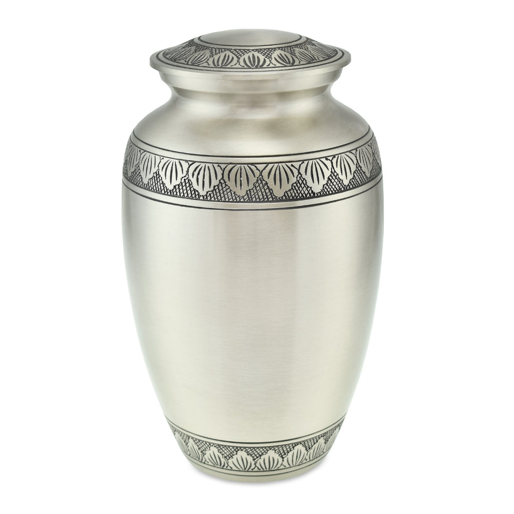 Adult's brass cremation urn in brushed pewter colour with decorative ...