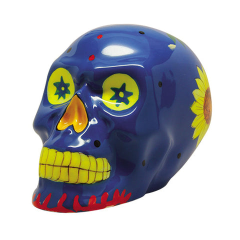 7 Inch Blue Day of The Dead Floral Pattern Skull Statue Figurine