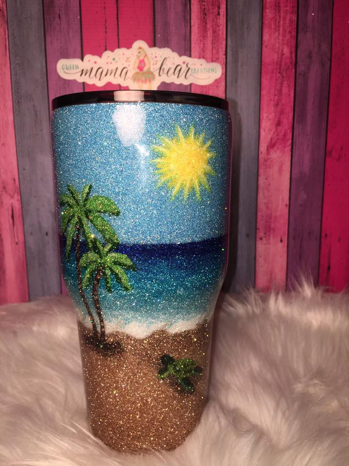 30 oz BEACH GLITTER TUMBLER w/Palm Tree and animal details. – Queen