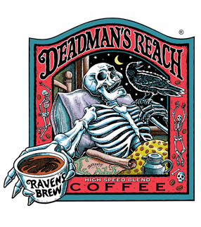 A skeleton reclined in bed, extending a steaming cup of Raven’s Brew coffee outwards towards the viewer. A black raven sits perched on a finger on his other hand.