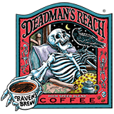 A skeleton reclined in bed, extending a steaming cup of Raven’s Brew coffee outwards towards the viewer. A black raven sits perched on a finger on his other hand.