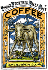 A highly caffeinated goat stands in a large green field with fluffy clouds passing by chomping on grass. A troll drinks coffee by a bridge in the background.