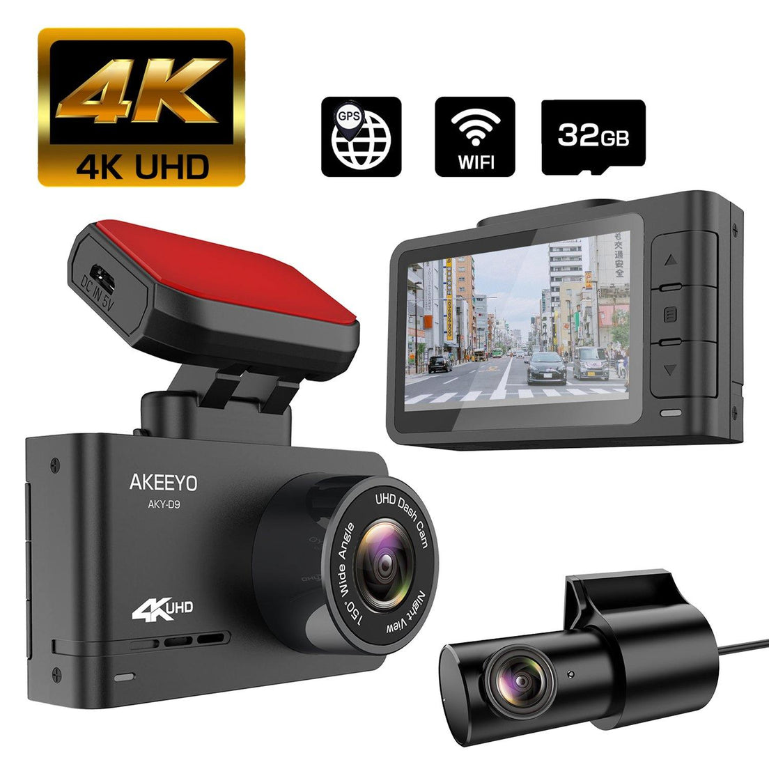 Aky D9 ドライブレコーダー 4k 28fps Ultra Hd 前後カメラ Gps ジェスチャーコントロール Sony製cmosセンサー 2 45インチipsモニター Wdr搭載 ノイズ対策 駐車監視 日本led信号機対応 32gb Microsdカード同梱 G Sensor 常時録画 Akeeyo