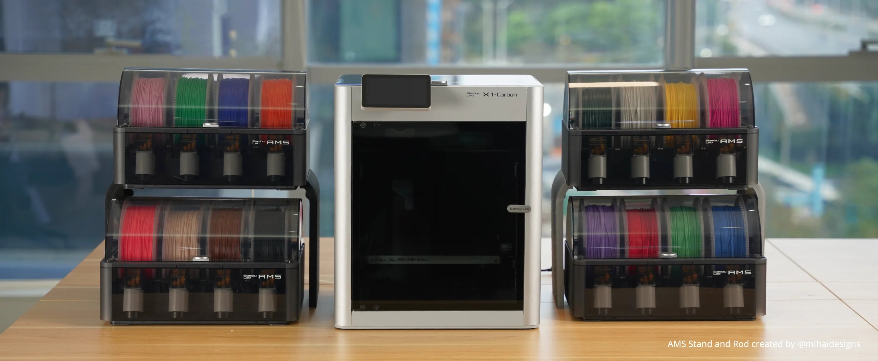 Bambu Lab 3D Printer displayed with multiple AMS systems stacked on either side