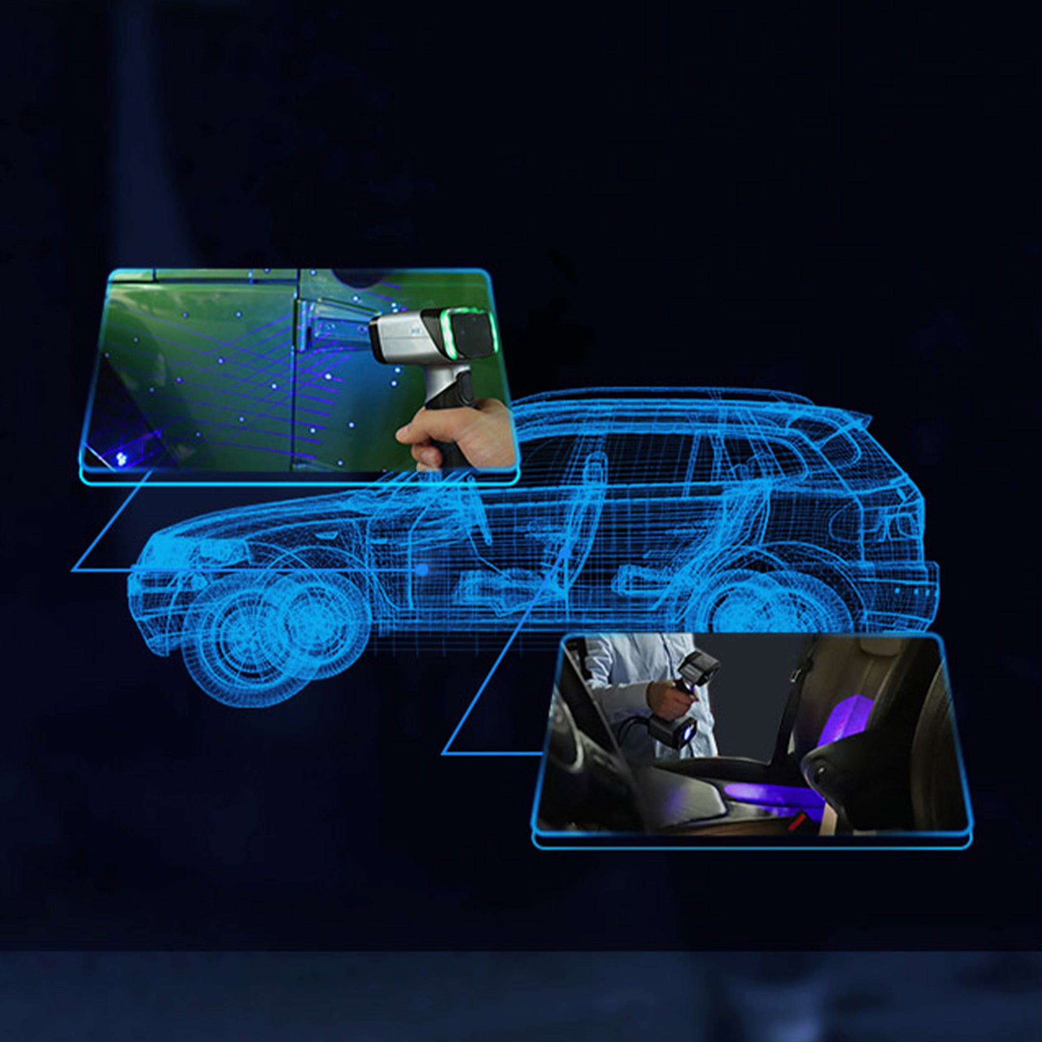 Wireframe showing a scanned vehicle and some of the applications