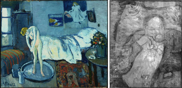 Picasso's The Blue Room, painted in 1901, and the portrait of a bearded man discovered underneath the painting.