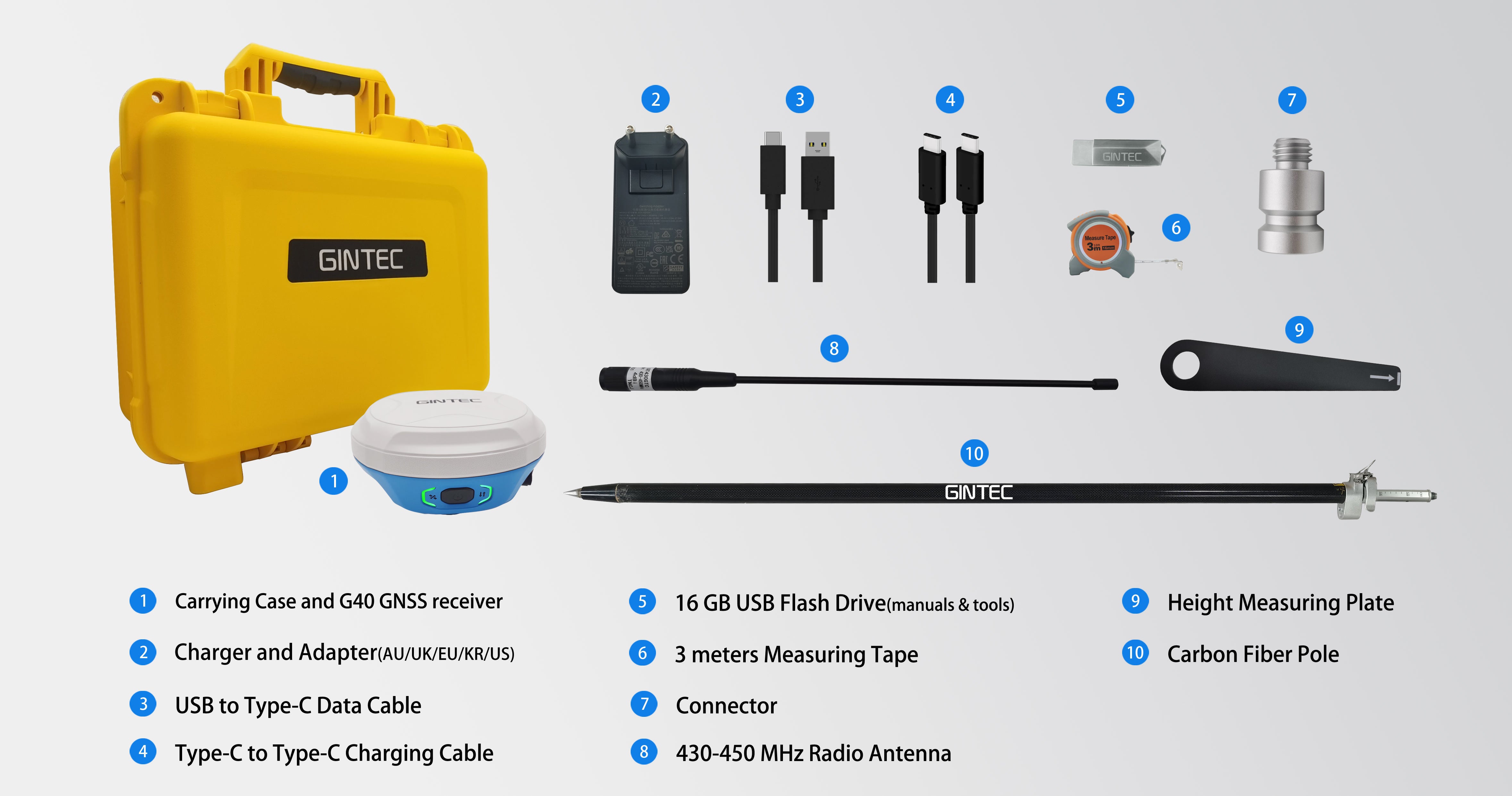 Gintec G40 RTK Survey GNSS Receiver Rover Edition packing list