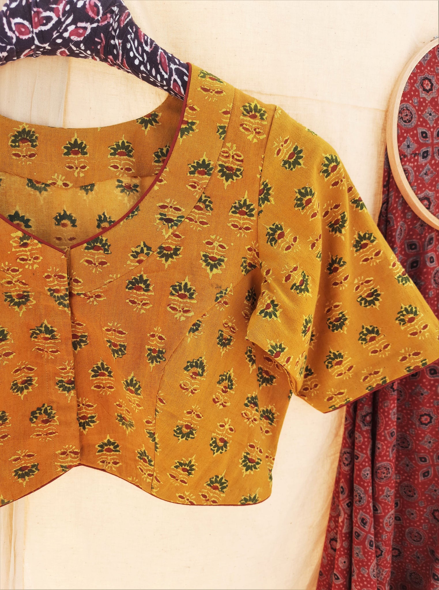 Ajrakh hand block print cotton blouse in turmeric yellow color, ajrakh ...