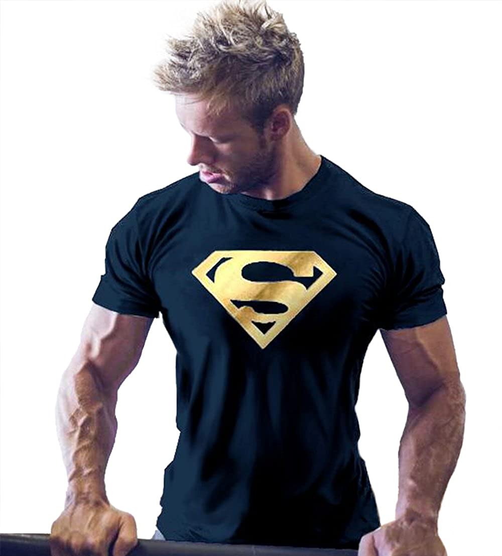 Men's Gym Cotton Golden Bodybuilding Muscle NavyBlue T-Shirt