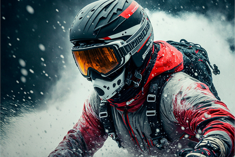 the skier wearing a snowmobile helmet