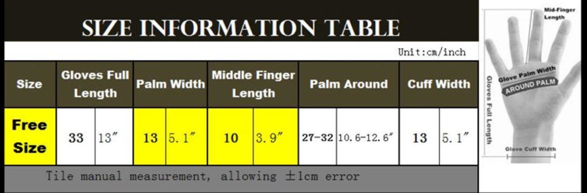 size chart for heated snow gloves