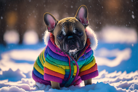 bulldog klädd i en färgglad jacka