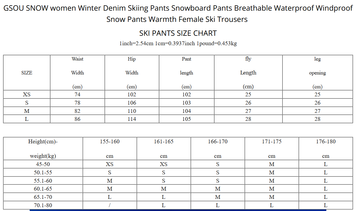size chart denim snow pants