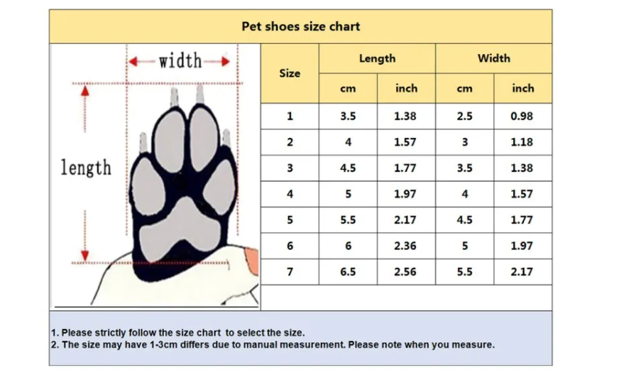 dog boots size chart