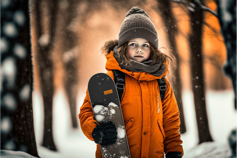 chica pelirroja con una tabla de snowboard