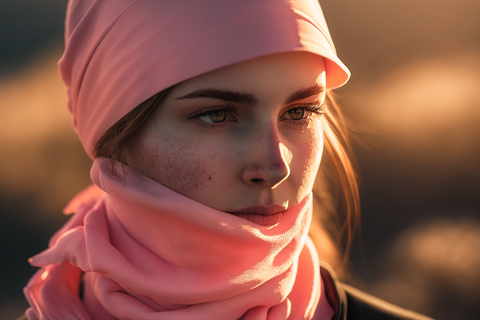 woman wearing a pink neck gaiter during the sunshine