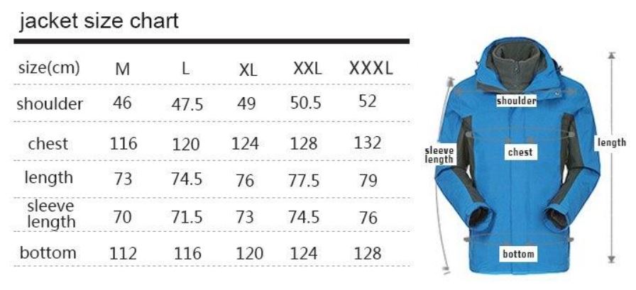 size chart warm ski jacket