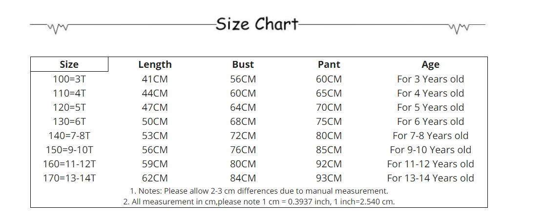キッズセットのサイズ表