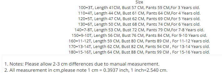 kids thermal underwear size chart