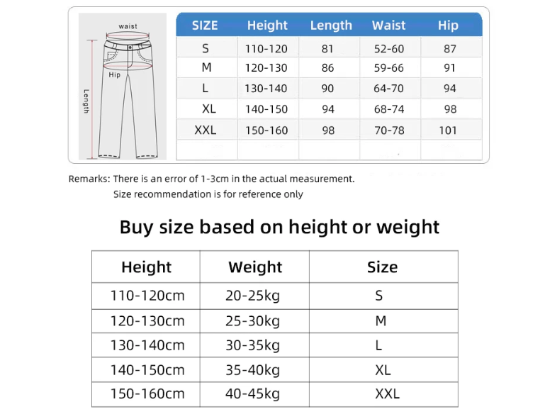 Таблица размеров детских лыжных штанов