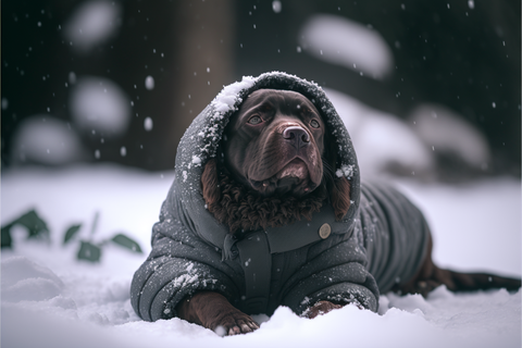 dog wears apparel in the snow