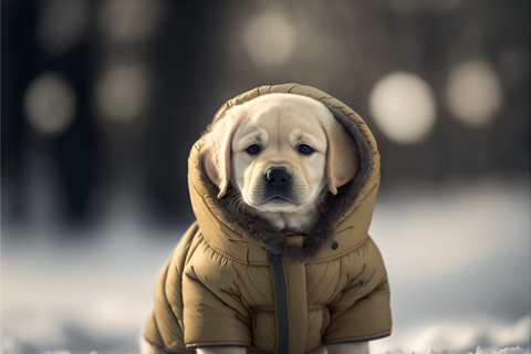 puppy wearing a winter jacket