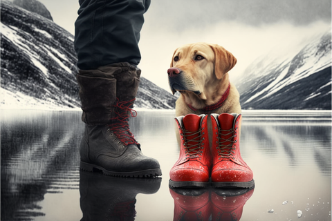 labrador avec des bottes rouges