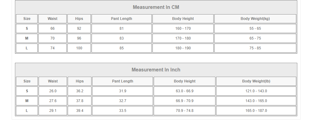 leggings size chart