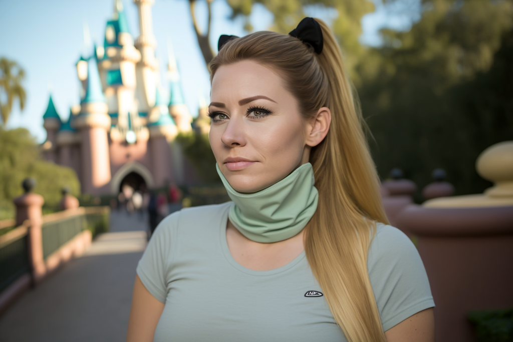 a woman wearing a light green neck gaiter 