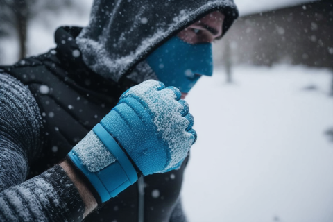 man som bär blå armbandsskydd i snön
